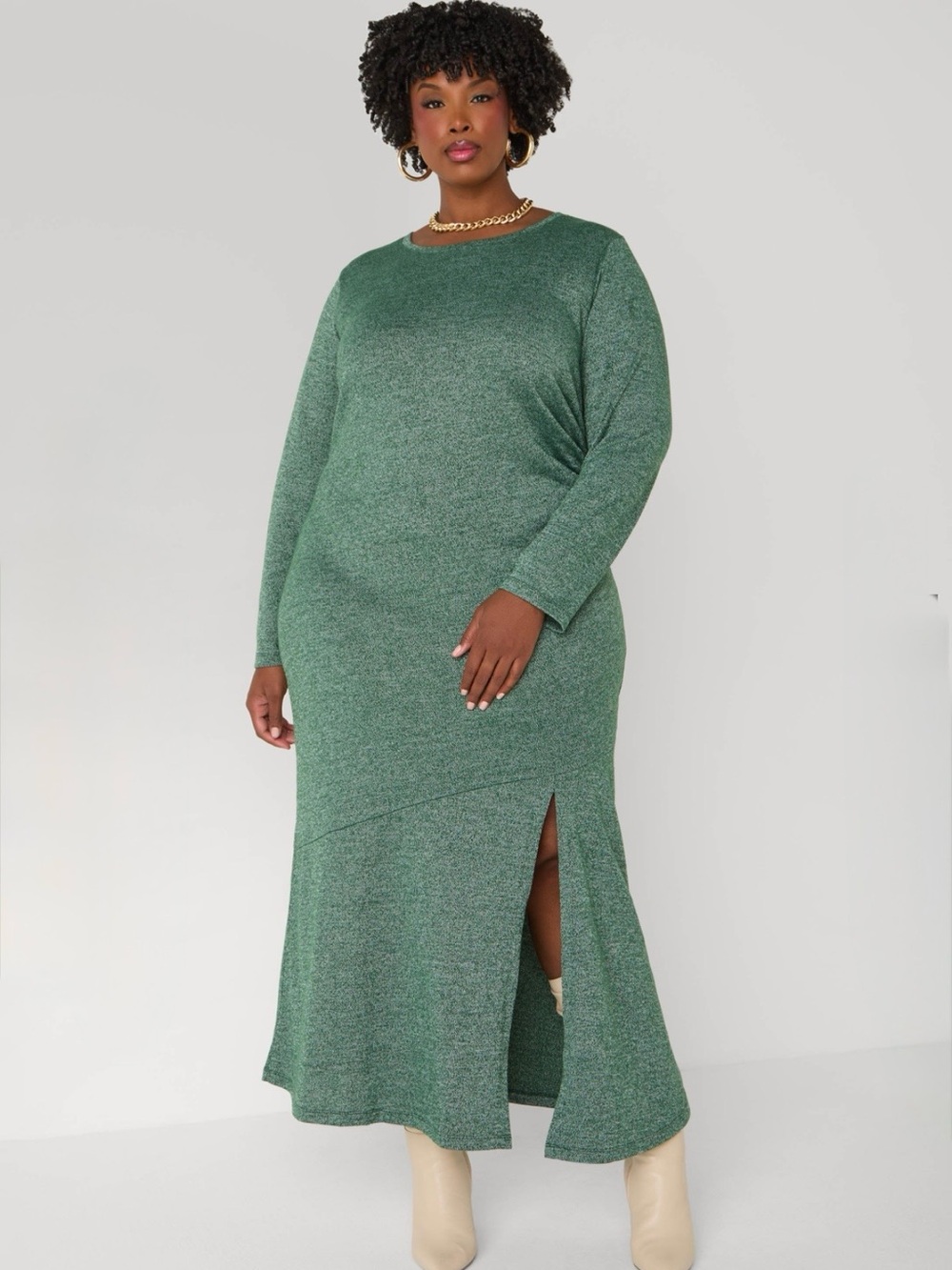 Ashley Stewart Forest Green Long Sleeve Knit Midi Dress with Side Slit